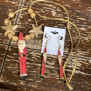 3pc old world Santa wooden necklace and earring set